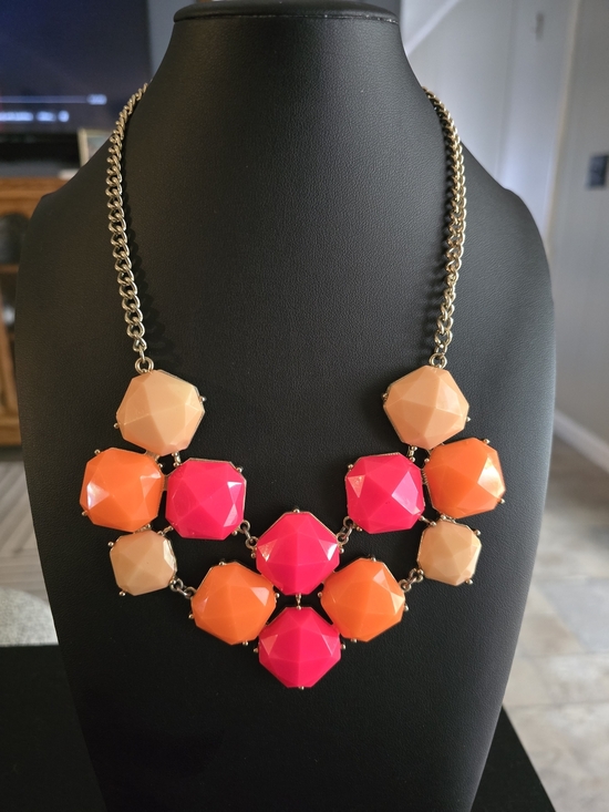 Hand Crafted Jewelry - Statement Geometric Bib Necklace - Pink, Orange, Cream